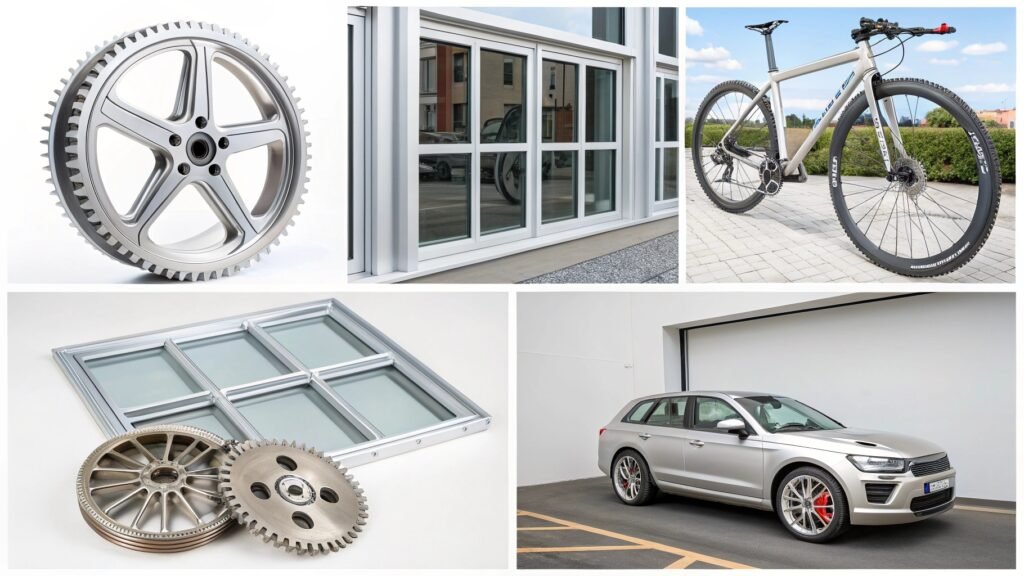 A collage of images showing common items made from aluminum alloys, such as a bicycle frame (likely 6061), an airplane wing section (potentially 7075), and a boat hull (perhaps 5052).